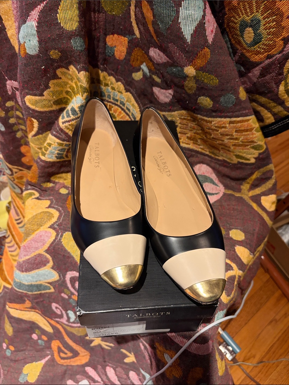 Talbots Black, Cream & Gold Cap-Toe Ballet Flats